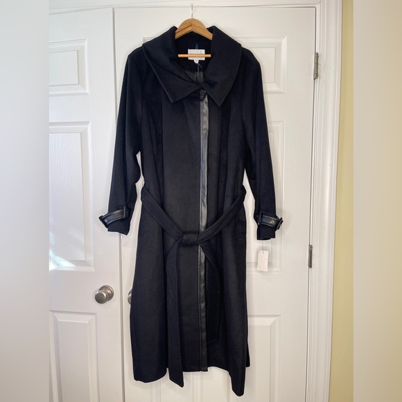 Cole Hann | Black Wool Trench Coat with Leather Trim Women’s 3X - Picture 3 of 16